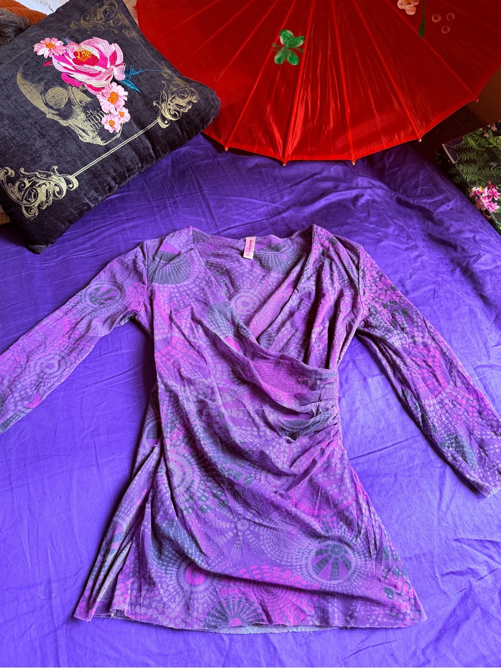 Sweet Pea Purple Patterned Long Sleeve Wrap Dress